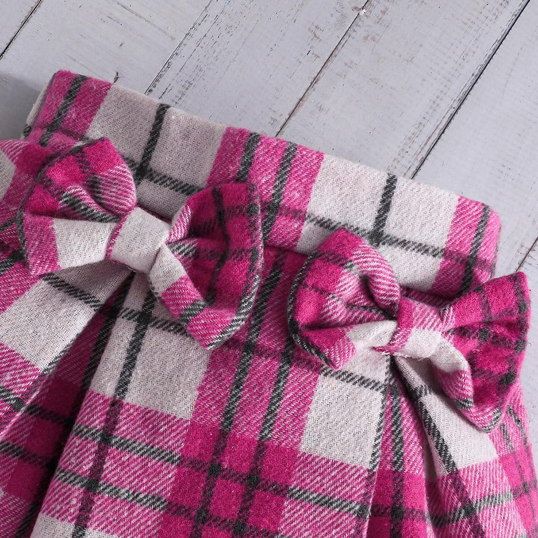 Kleinkind Mädchen Kleidung Puffärmel Langarm Gerippte Oberteile + Bowknot Plaid Mini Rock 2 Stück He