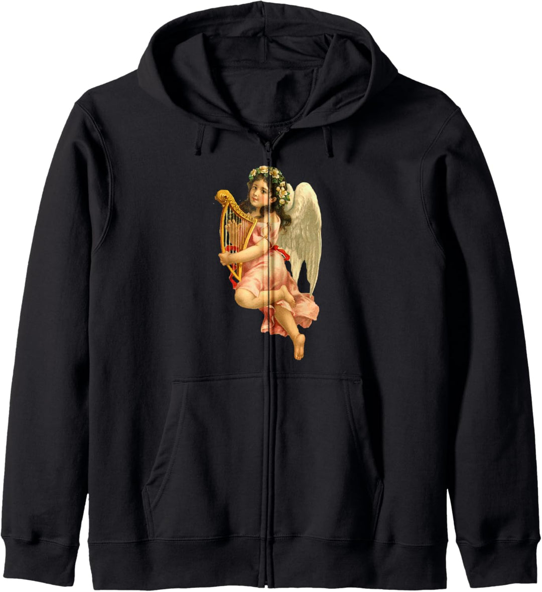 Der himmlische junge Cherub spielt Gottes Musik auf Harfe Kapuzenjacke