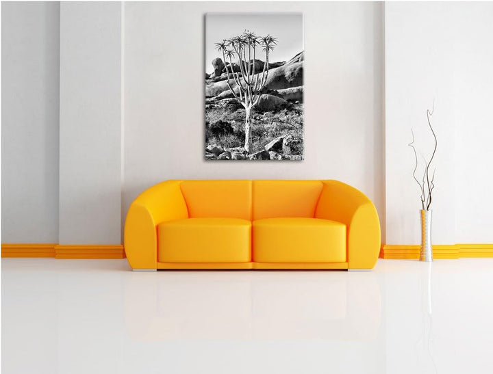 Pixxprint Monocrome, aussergewöhnlicher Baum im Steingebirge, Format: 100x70 auf Leinwand, XXL riesi