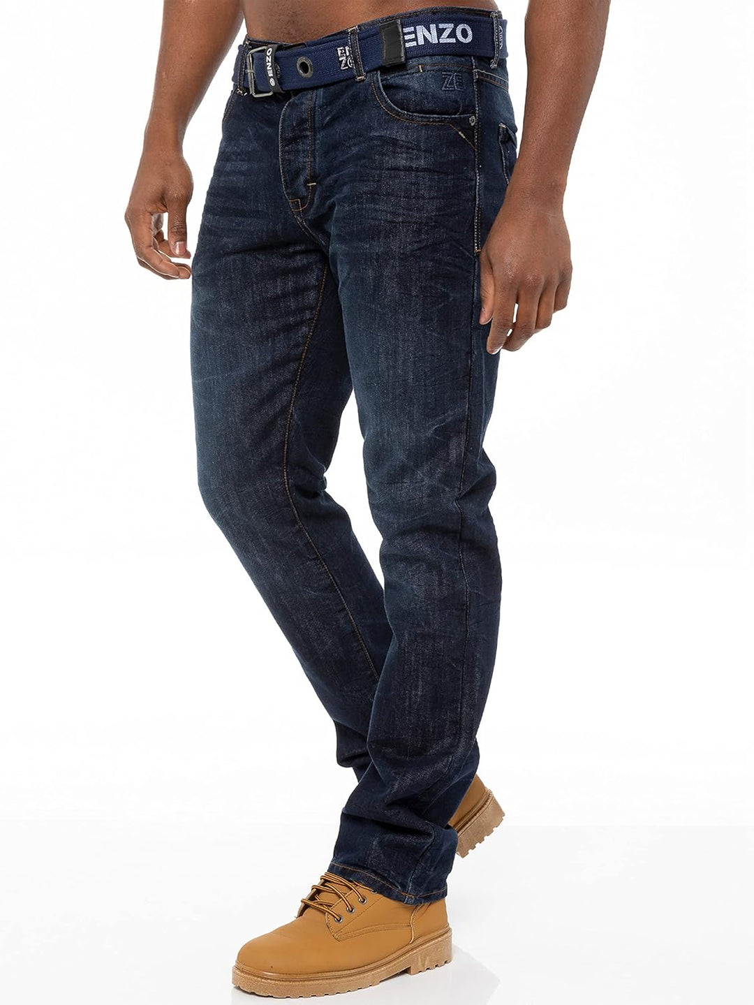 Enzo Designer-Herren-Jeans mit geradem Bein, normale Passform, Denim-freier Gürtel, King-Size-Grösse