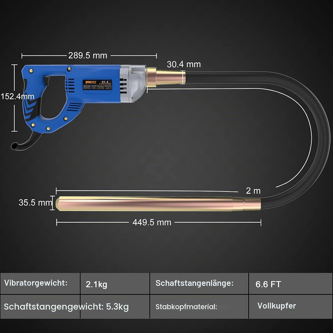 IMAYCC Betonrüttler 1300W 220V 4300 U/min, 2m Schlauchlänge aus Kupfer