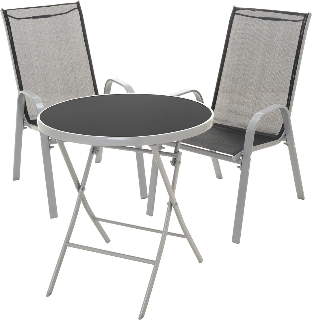 Nexos Trading Bistroset Balkonset – Gartengarnitur Sitzgarnitur aus Glastisch & Stapelstuhl – Stahlg