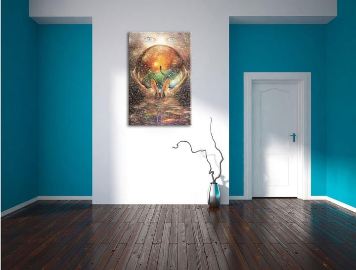 Pixxprint Glaskugel mit Hintergrund / 100x70cm Leinwandbild bespannt auf Holzrahmen/Wandbild Kunstdr