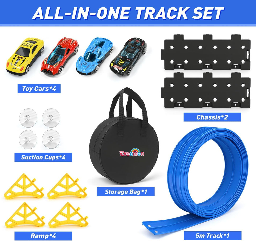 Dreamon Flexible Autorennbahn Kinder 5 Meter Rennbahn Rennstrecke Auto Spielzeug mit 4 Spielzeugauto
