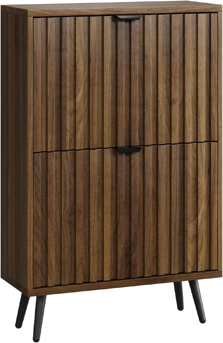 Smuxee Schuhschrank mit 2 Klappschubladen, 23,6 Zoll (60 cm) Nussbaum Holz Schuhschrank mit geriffel