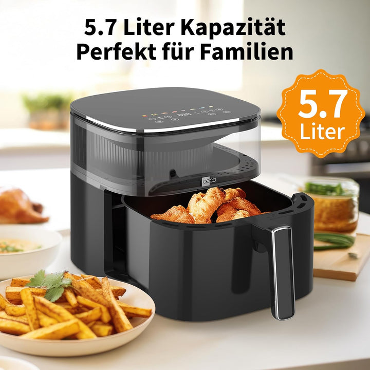 aeco TOUCH AirFryer 5,7 Liter, Heissluftfritteuse mit 270° beleuchtetem Sichfenster & digitalem Touc