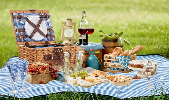 Picknickkorb für 2 Personen, Weidenkorb mit isoliertem Kühlfach, Picknickdecke, Schieferbrett, Tasch