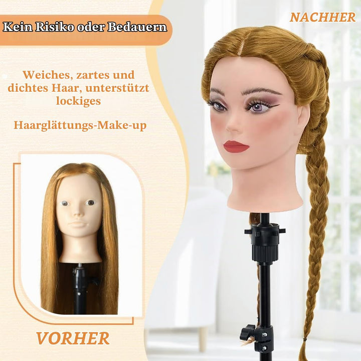 Frisierkopf Schminkkopf mit Puppenkopf Ständer, 80% Echtes Haar 26 Zoll Übungskopf zum Frisieren und