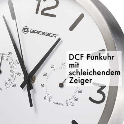 Bresser Funkuhr Wanduhr MyTime ND Thermo-Hygro mit geräuschlosem Funkuhrwerk, Edelstahlrahmen und An