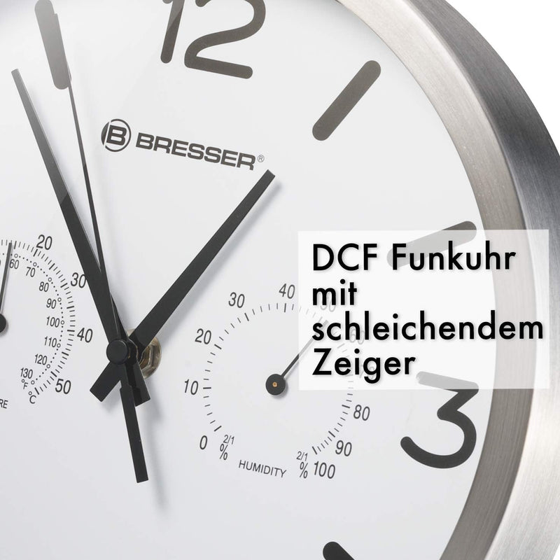 Bresser Funkuhr Wanduhr MyTime ND Thermo-Hygro mit geräuschlosem Funkuhrwerk, Edelstahlrahmen und An