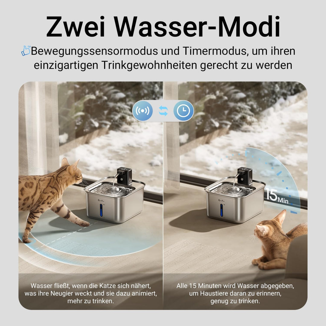 DownyPaws Trinkbrunnen für Katze Edelstahl Kabellos, 3L Katzenbrunnen mit Bewegungsmelder, Batterieb