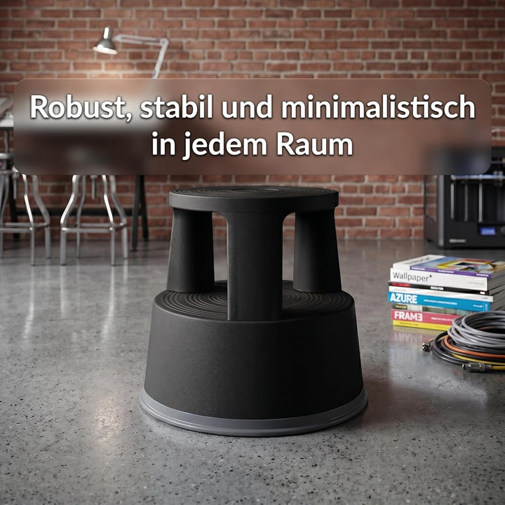 Office Marshal Rollhocker Kunststoff Elefantenfuss schwarz, Rutschfester Tritthocker mit Rollen, mob
