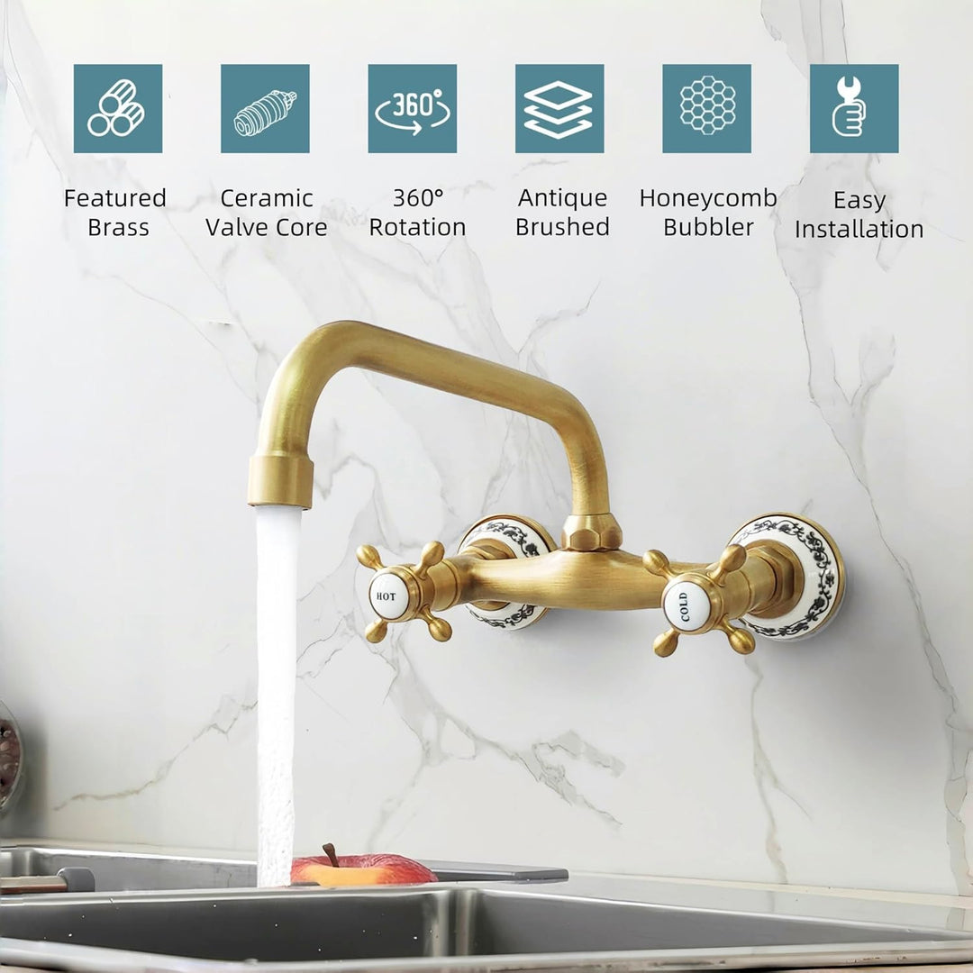 Küchenarmatur Wandmontage Messing Antik, Vintage Doppelgriff Wasserhahn Küche Wandbehang Bronze, 360