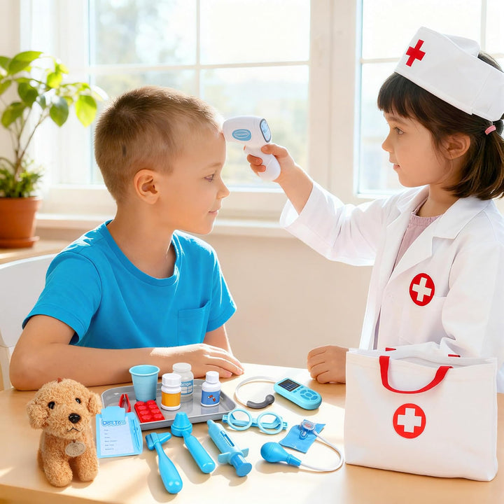 Arztkoffer Kinder ab 3 Jahre - Doktorkoffer Kinder mit Plüsch Hund, Stethoskop, Arzttasche und Arztk