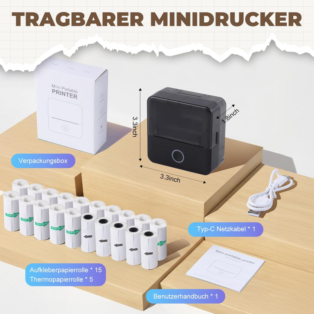 PRAOAHEI Mini Drucker, Tragbarer Fotodrucker mit 20 Rollen Druckerpapier, Bluetooth-Etikettendrucker