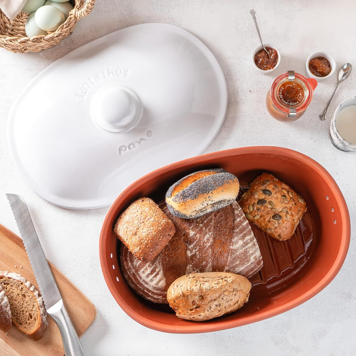 Römertopf Brottopf aus natürlicher Keramik, Brotkasten Aufbewahrungsbehälter aus Ton 6,5 Liter Singl