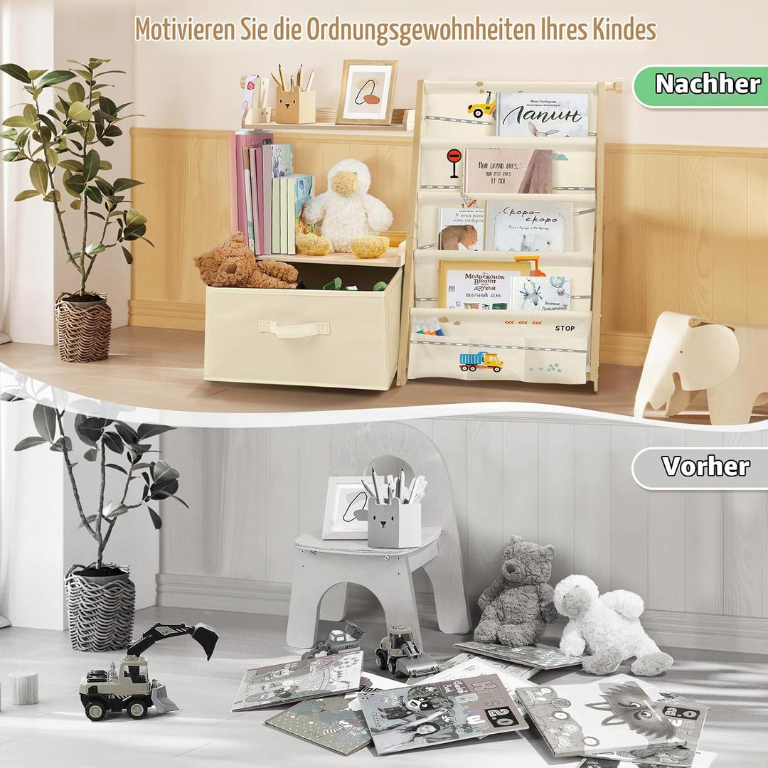 Bücherregal Kinder Kinderzimmer Spielzeug Aufbewahrung mit 4 Regalebenen &amp; Aufbewahrungsbox, Kinderr