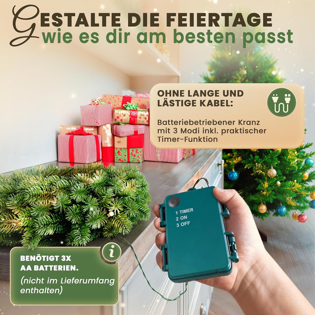 ArtiTree - Beleuchteter Weihnachtskranz für Tür - Adventskranz mit LED, Weihnachtsdeko für Aussen un