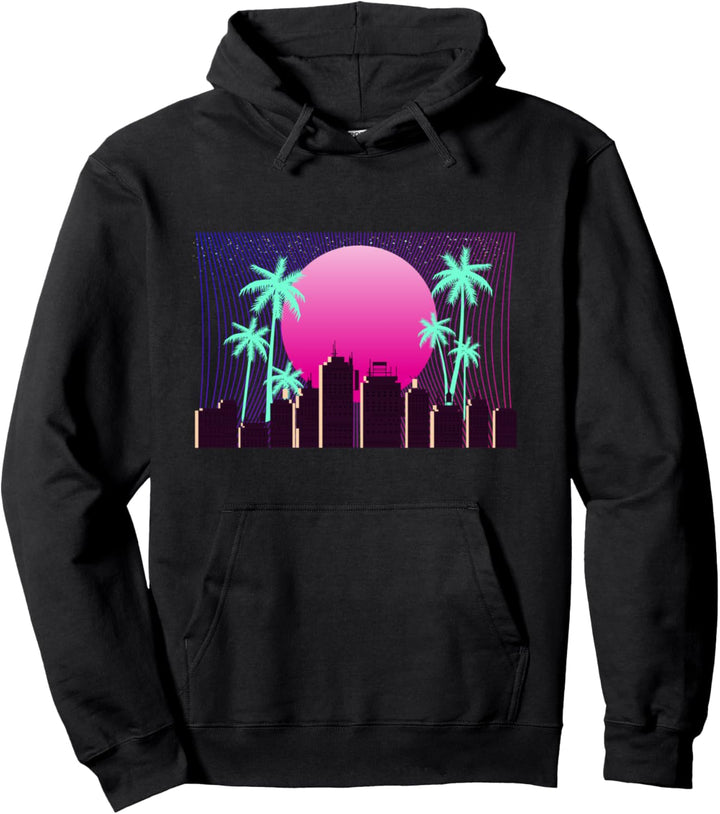 Retro Vaporwave 80s Style Design Image - Vintage Sunset Palm Pullover Hoodie