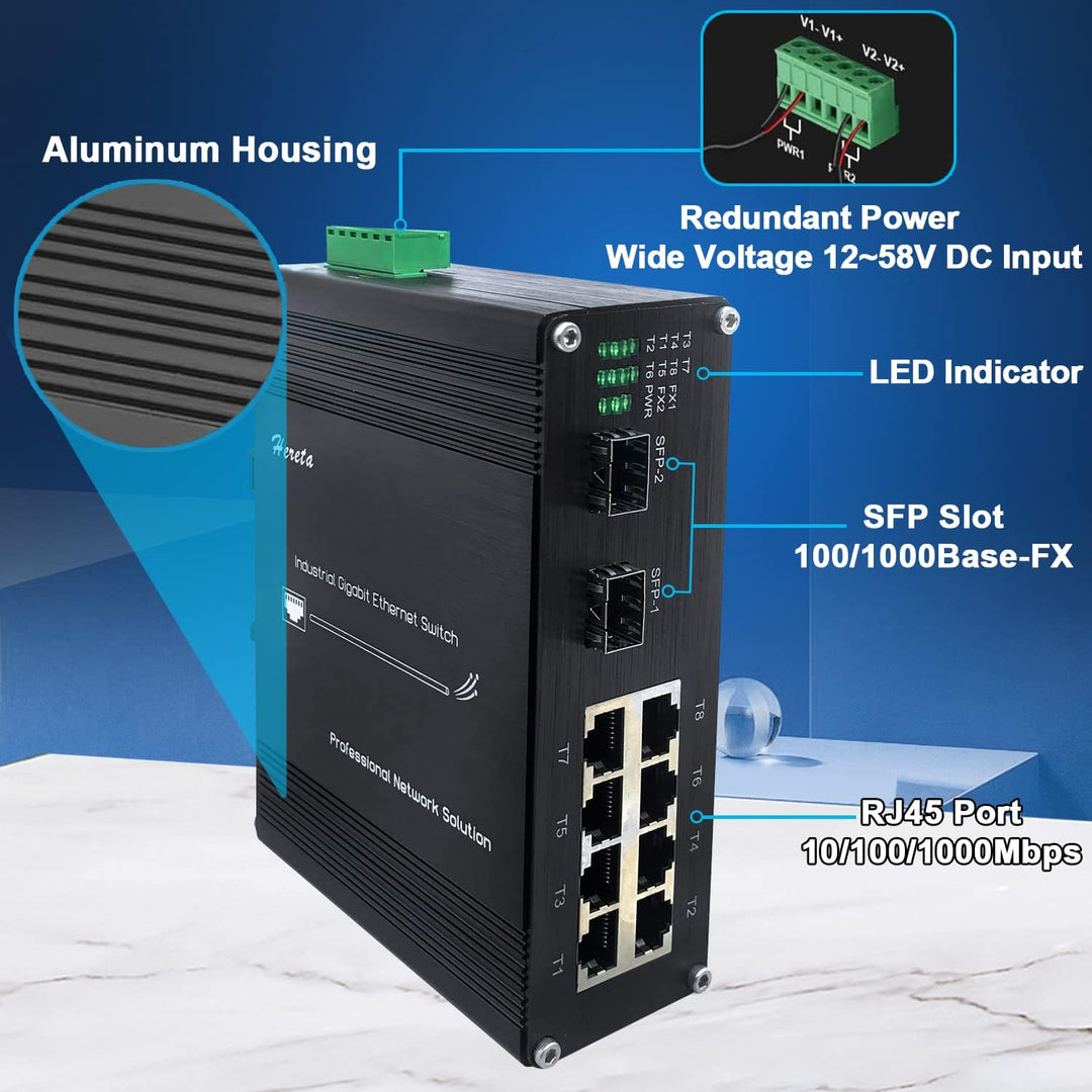 Industrieller Ethernet Switch 8 TP-Ports 10/100/1000Base-TX und 2 SFP optische Ports 1000Base-FX geh