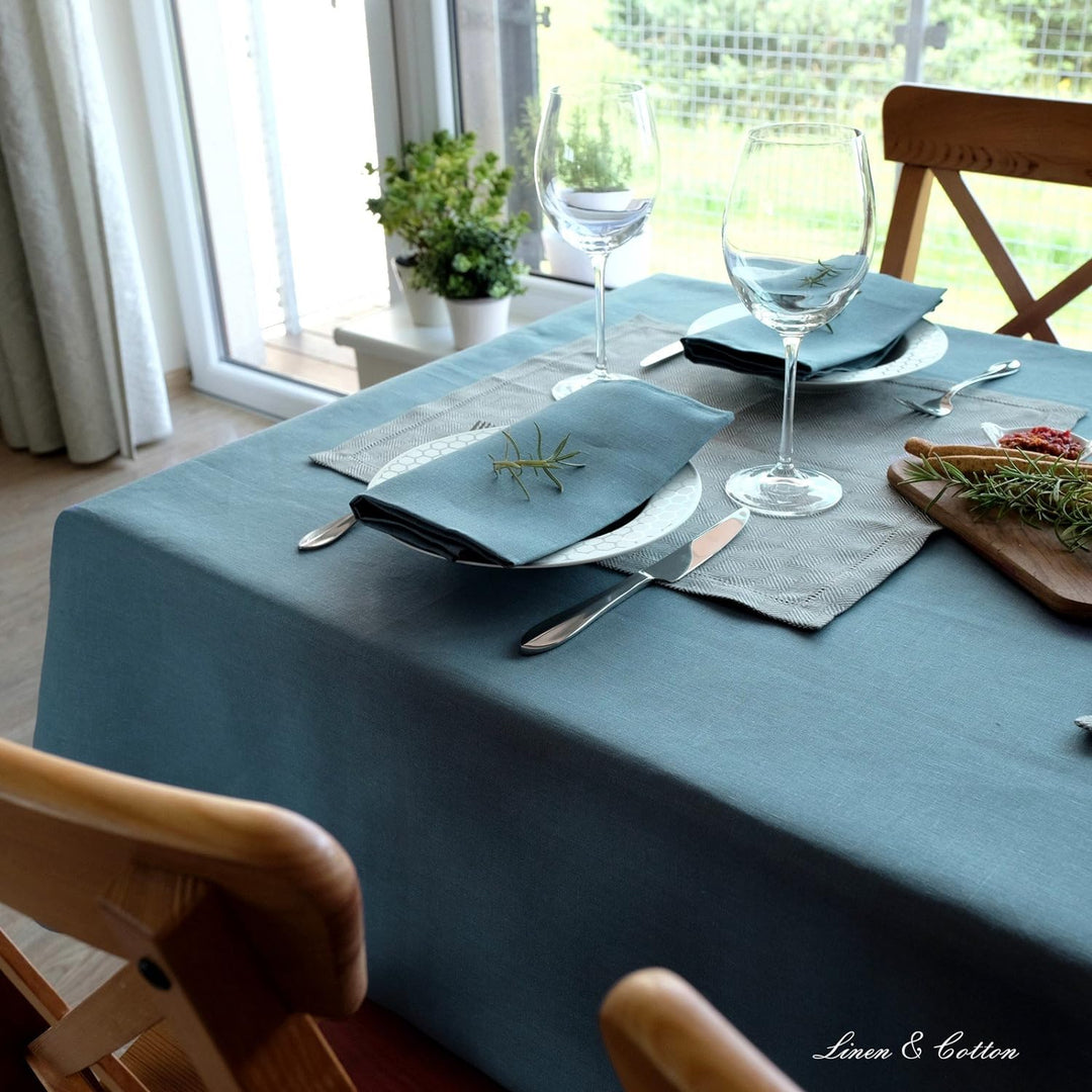 Linen &amp; Cotton Tischdecke Stoff Tischtuch Decke Tischwäsche Caerula - 100% Leinen, Blau (147 x 200 c
