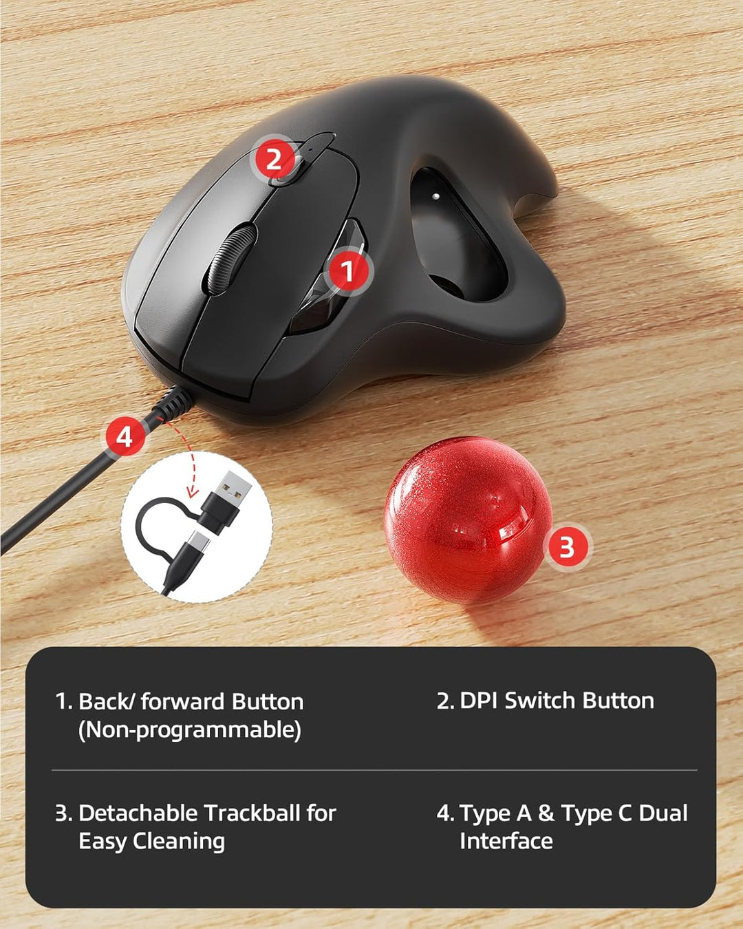 Nulea M509 Trackball Maus verdrahtet, Ergonomisches Design, Einfache Daumenkontrolle, Präzise und re