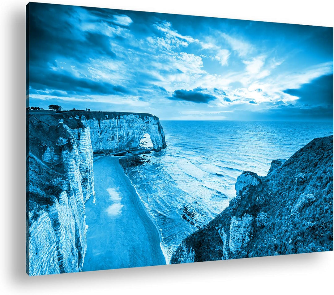bezaubernder Strand in der Normandie Format 80x60 Effekt: Monocrome Blau als Leinwandbild, Motiv fer
