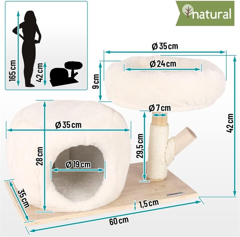 VOSS.pet Flauschiges Katzenhaus Mary 42cm, Premium Kratzbaum mit Naturholz vom Tanoak Baum, Kletterb