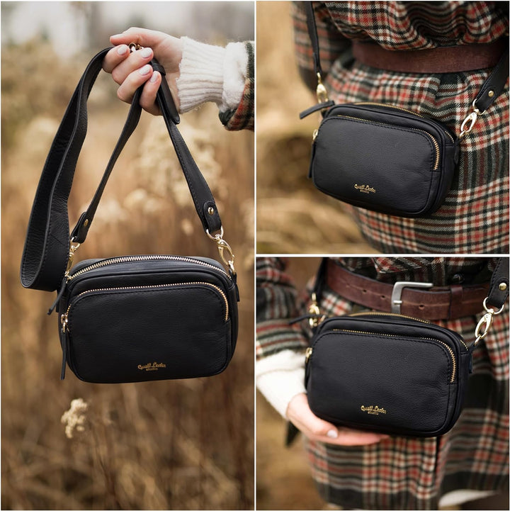 Gusti Umhängetasche Leder - Lulu Damen Umhängetasche Schultertasche Ledertasche Leder Schwarz, Schwa