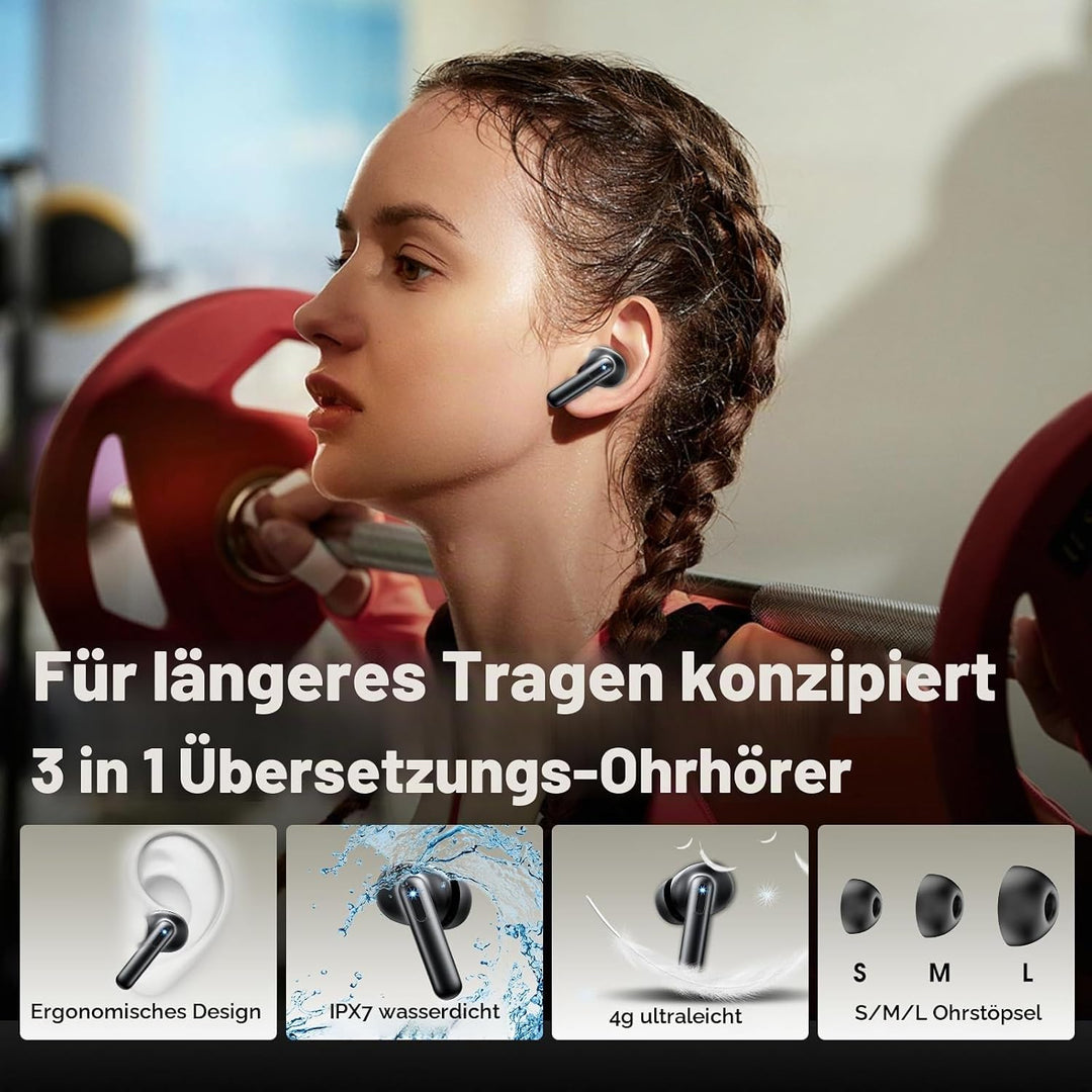 3-in-1 KI Übersetzer Kopfhörer, 42Std mit 164 Sprachen und 7 Modi Schwarz, Schwarz