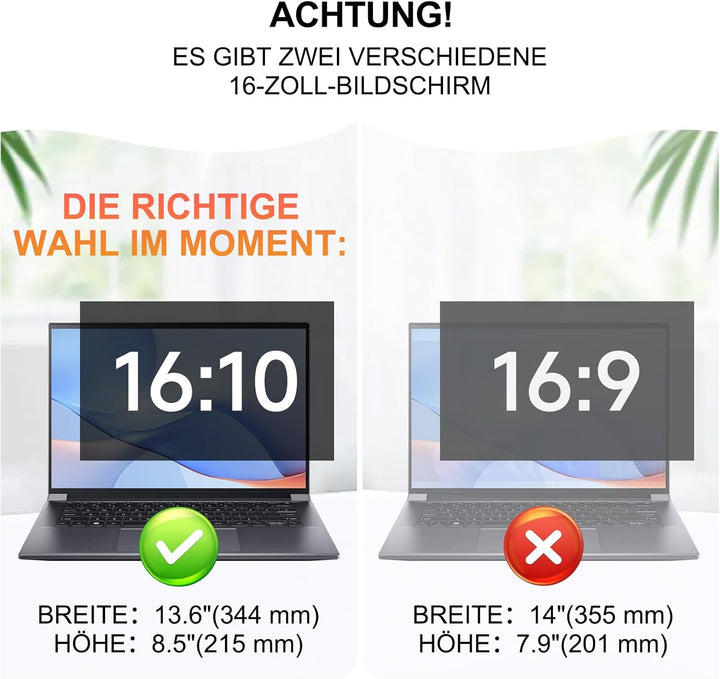 360° Blickschutzfolie für 16 Zoll Laptop 16:10 Seitenverhältnis, Abnehmbarer Anti Spy Sichtschutzfol