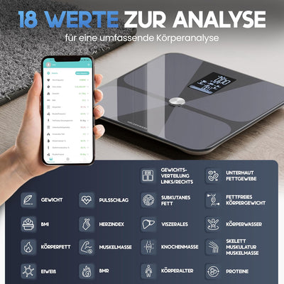 HELDENWERK Personenwaage Körperfettwaage, Waage Personen mit App & Vollflächensensor 180 kg/400 lbs,