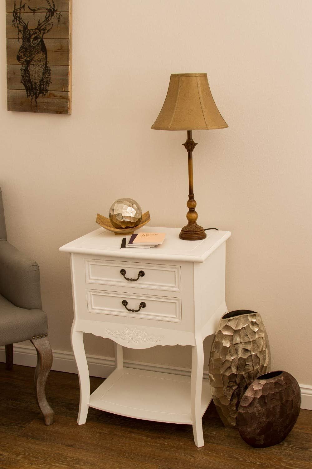 elbmöbel Nachttisch Beistelltisch weiss Antik Shabby chic schmal massiv mit 2 Schublade B 55 x H 73
