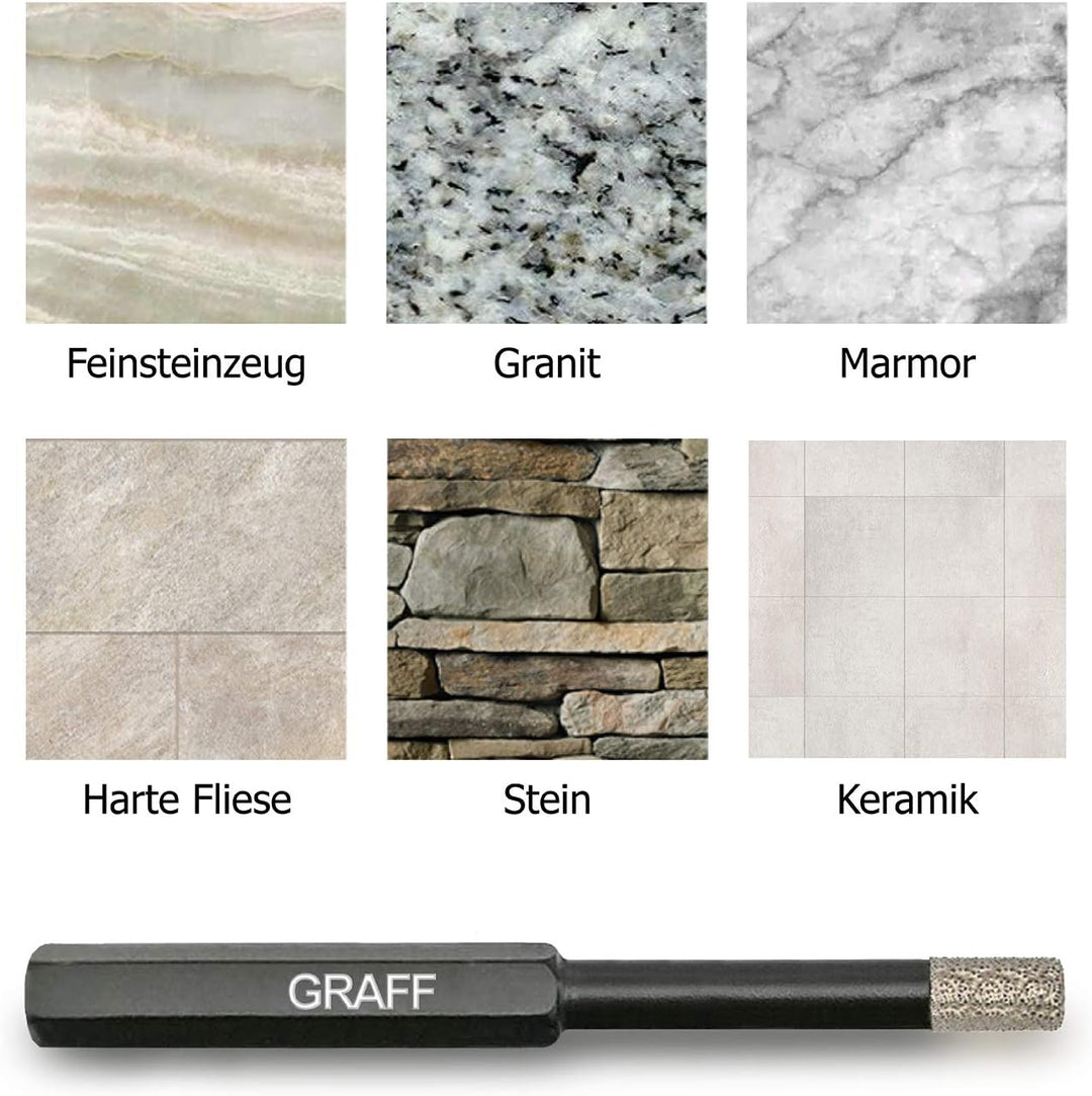 GRAFF Feinsteinzeug Bohrer 6mm für harte Fliesen Glas Кeramik Granit Stein - Diamantbohrer Fliesenbo