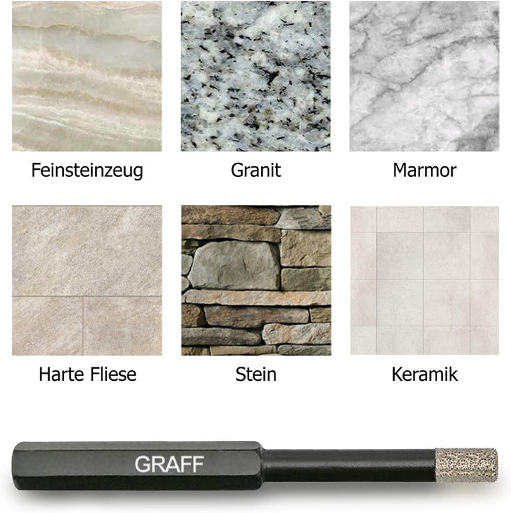 GRAFF Feinsteinzeug Bohrer 6mm für harte Fliesen Glas Кeramik Granit Stein - Diamantbohrer Fliesenbo
