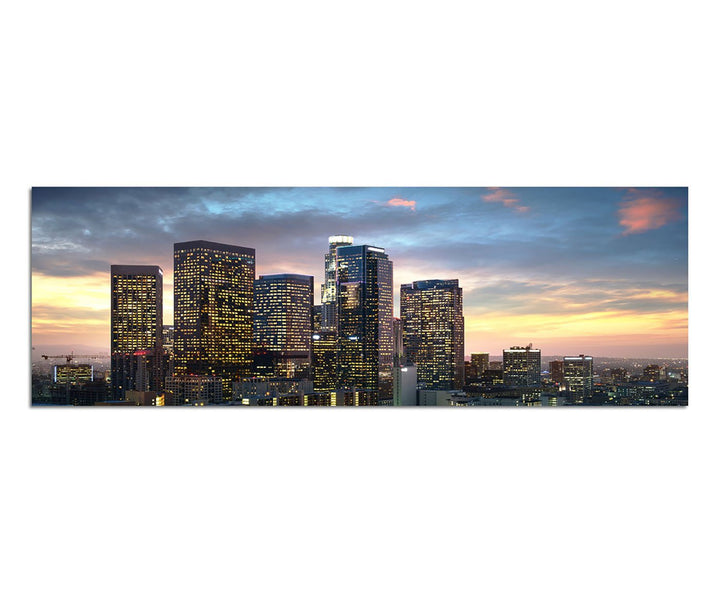 Paul Sinus Art Panoramabild auf Leinwand und Keilrahmen 150x50cm Los Angeles Wolkenkratzer Sonnenunt