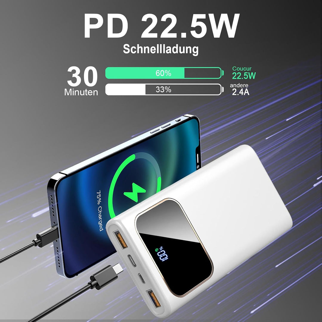 Coucur Power Bank 10000mAh, USB C Powerbank 22.5W Schnellladefunktion, Externe Handyakkus mit LED Di