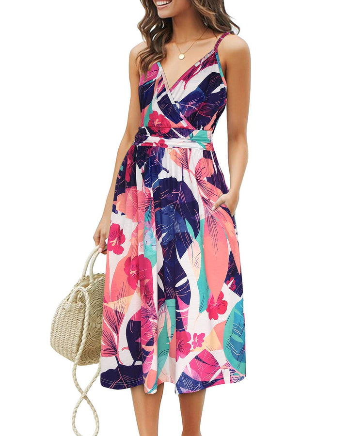 OUGES Kleid Damen Spaghettiträger Sommer Kleider Knielang V-Ausschnitt Strandkleid mit Taschen S Flo