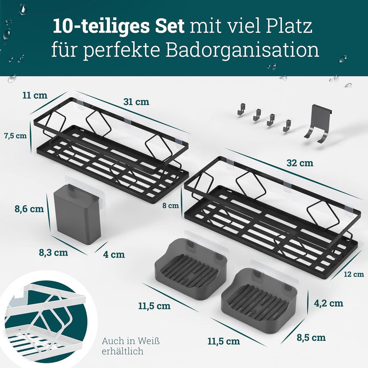 husman® Duschablage-Set ohne Bohren | Matt-Schwarz | 10-teilig mit Ablaufrillen | Kleben statt Bohre