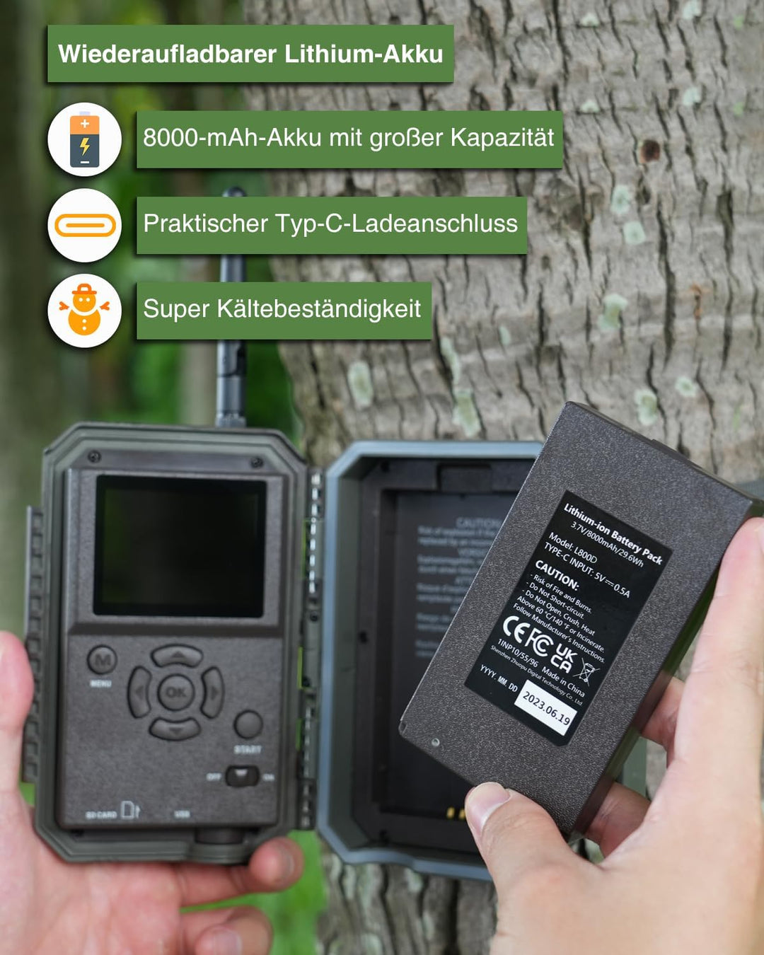 Meidase P200P Wildkamera WLAN, Wiederaufladbarem 8000-mAh-Lithium-Akku, 64MP H.264 1296P, Wildtierka