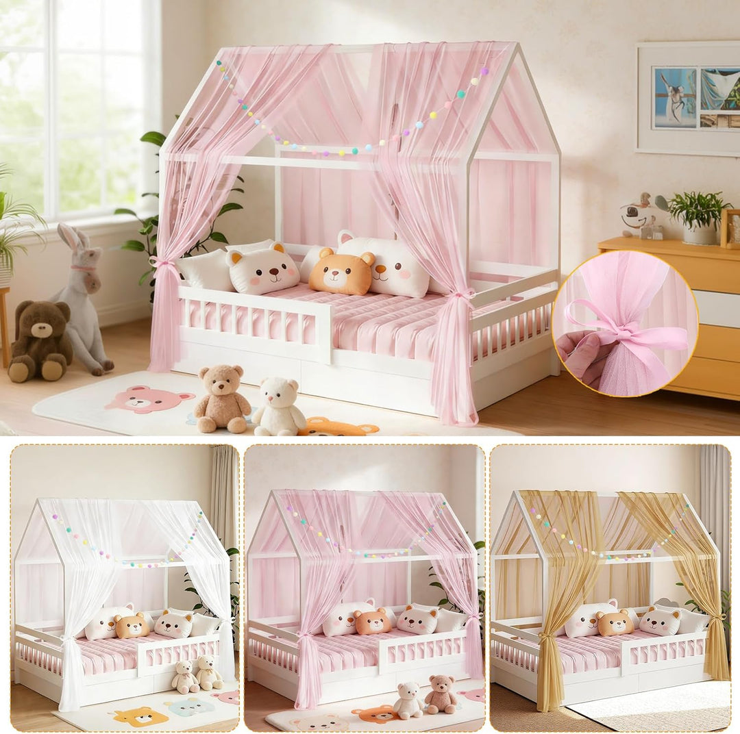 2 Stück Hausbett Himmel für Kinderbett, 160x350cm mit Farbiger Pompon-Girlande & Befestigungsbändern