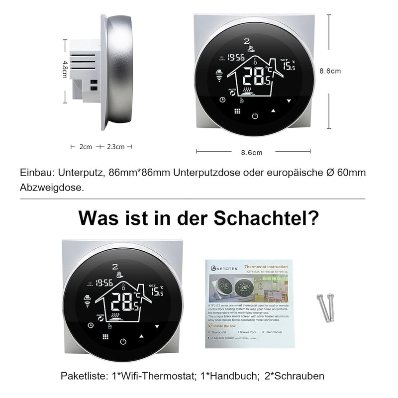 KETOTEK Thermostat Fussbodenheizung Wasser WiFi 3A Unterputz, Programmierbar Raumthermostat Fussbode