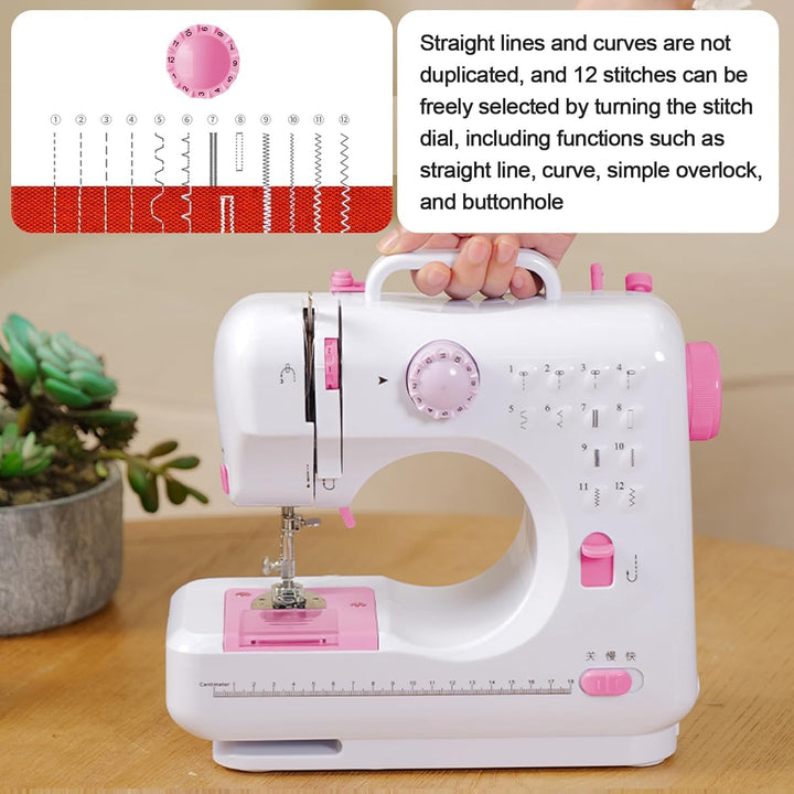 Mini Nähmaschine für Anfänger, 12 Stiche Haushalt Doppelfaden Multifunktionsnähmaschine für Kinder,