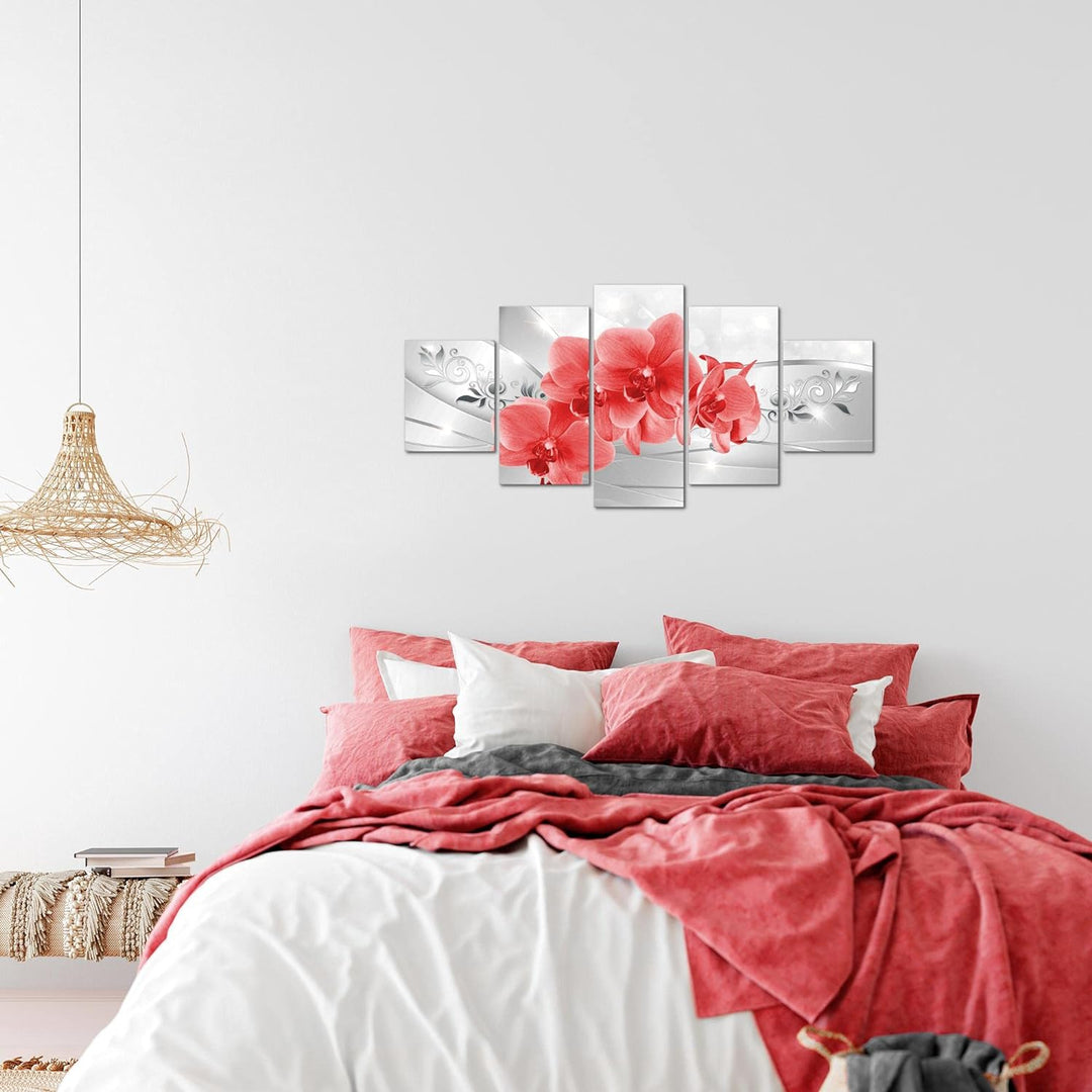 Runa Art Wandbilder Blumen Orchidee 5 Teilig Bild auf Vlies Leinwand Deko Wohnzimmer Silber Rot 2107