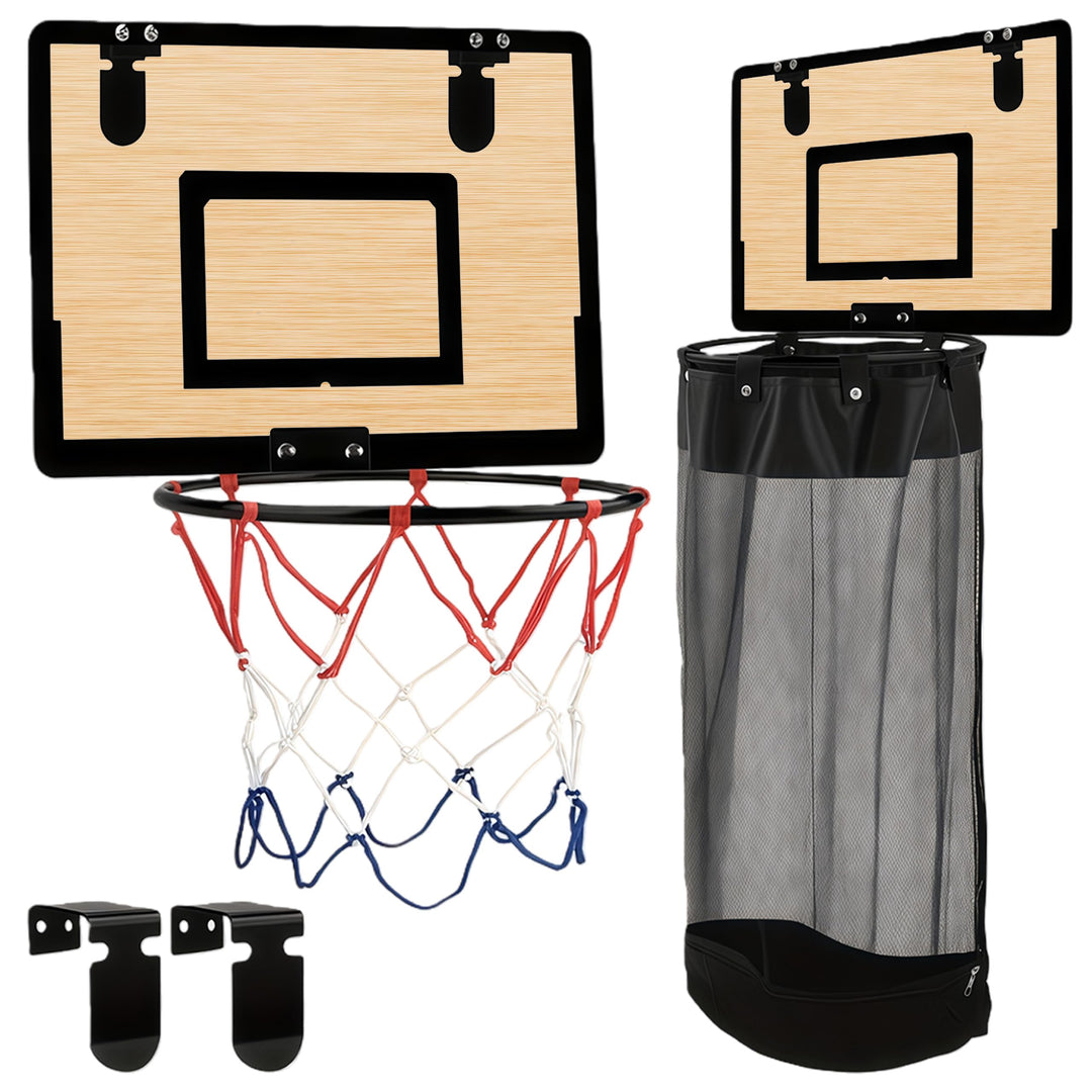 2-in-1 Basketballkorb Wäschekorb Hängender Mini Basketball Korb Tür Wäschesammler aus Holz mit Reiss