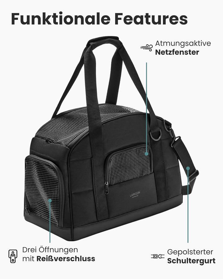 Larkson Hundetransportbox für Kleine Hunde bis 12kg Schwarz - Tjark - Hundetasche fürs Flugzeug - Tr