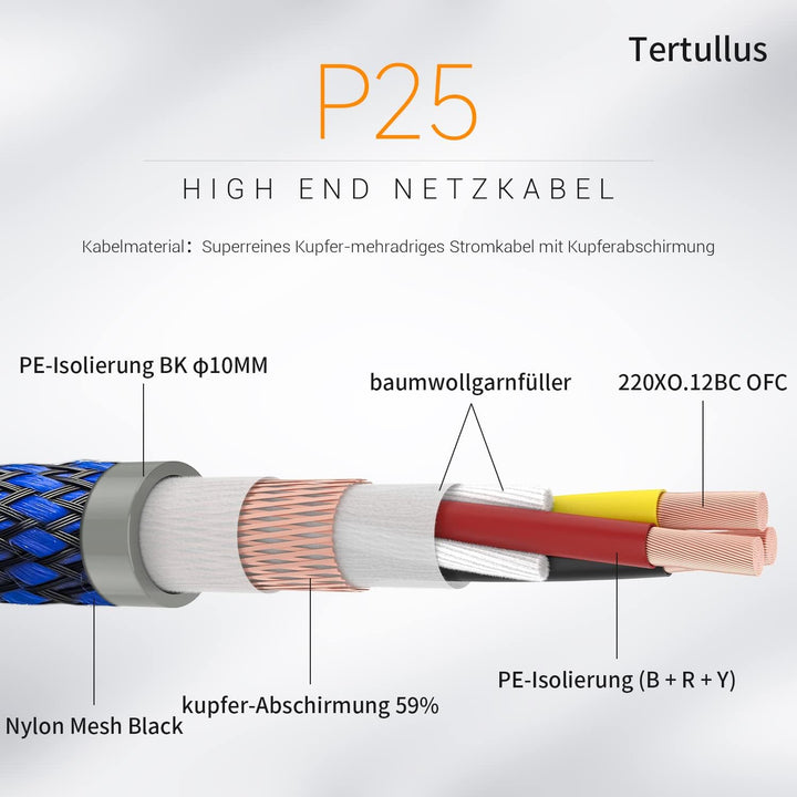 Tertullus HiFi High End Netzkabel 1.5m Kupfer Abschirmung 3 x 2.5mm² Stromkabel Mit Schukostecker P0
