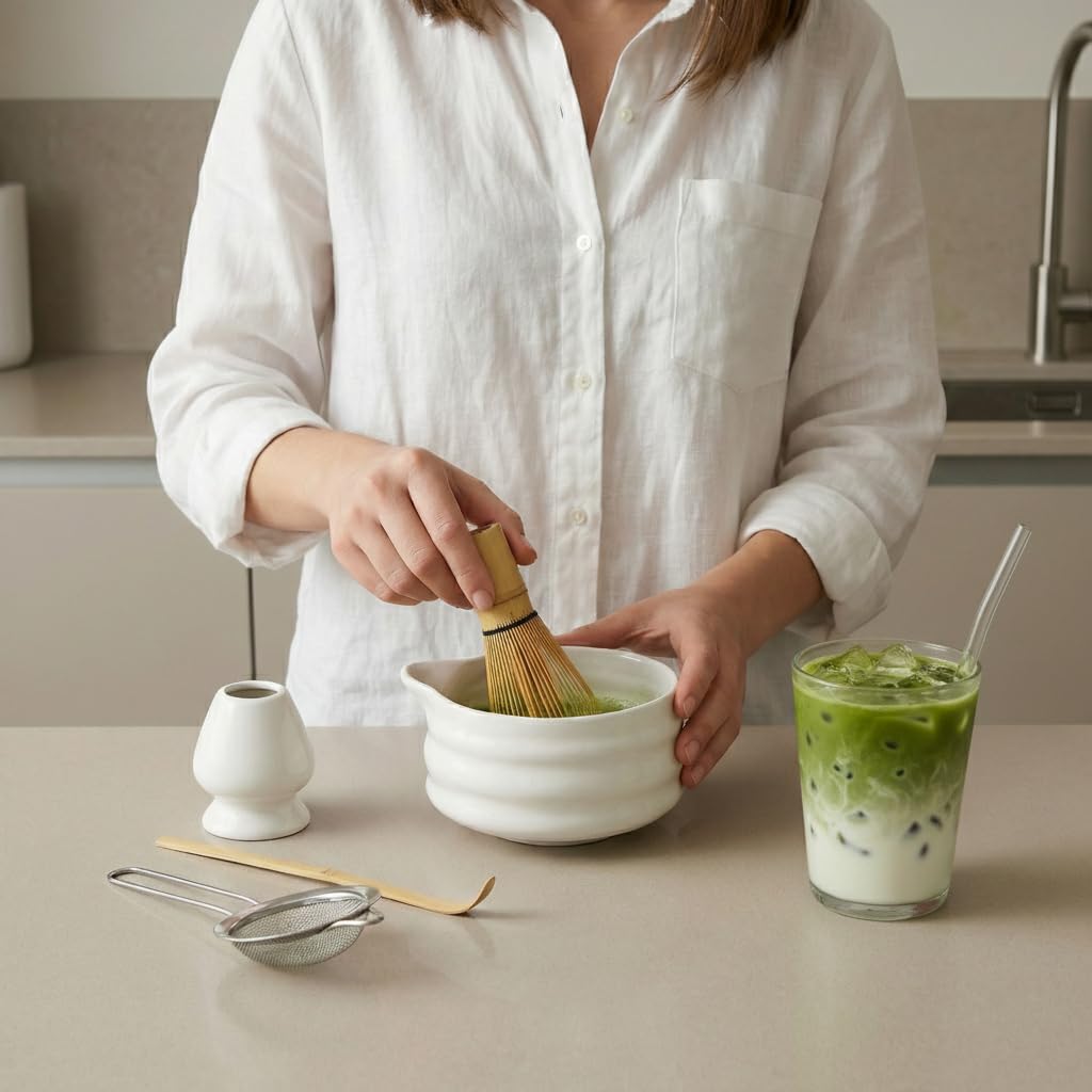Design Matcha Set 5-teilig – Hochwertige Keramikschale mit Bambusbesen (Chasen) – Stilvolles Zubehör