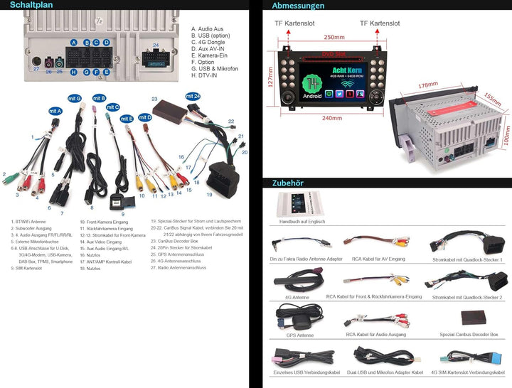 Erisin 8-Kern 4GB RAM+64GB ROM Android 14 Autoradio Mit GPS Navi für Mercedes-Benz SLK Klasse R171 W