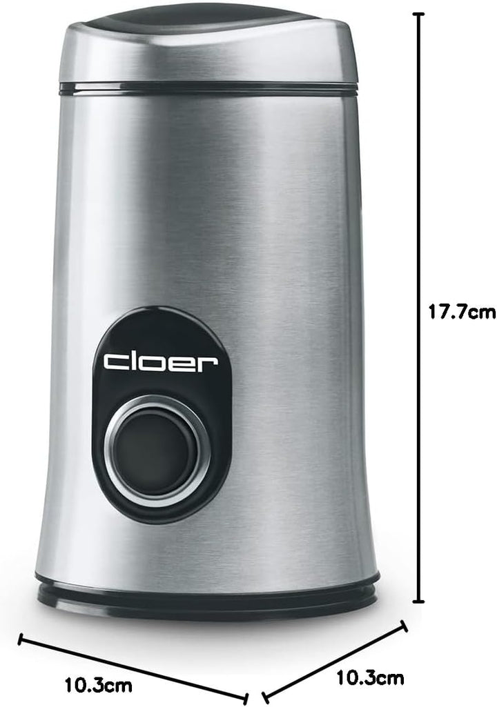 Cloer 7579 Elektrische Kaffeemühle, 150 W, für bis zu 50 g Kaffeebohnen, mattiertes Edelstahlgehäuse